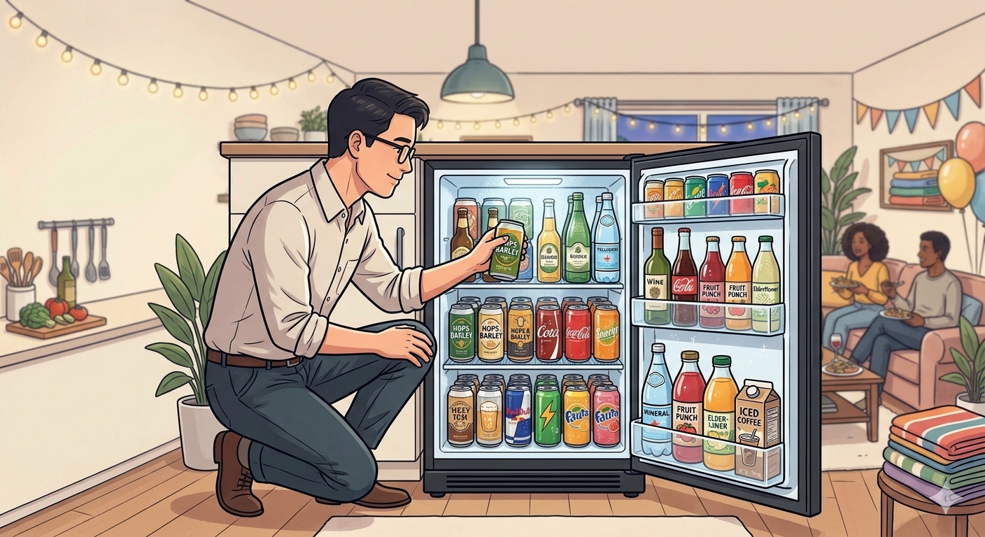 冷蔵庫から飲み物を取り出す様子
