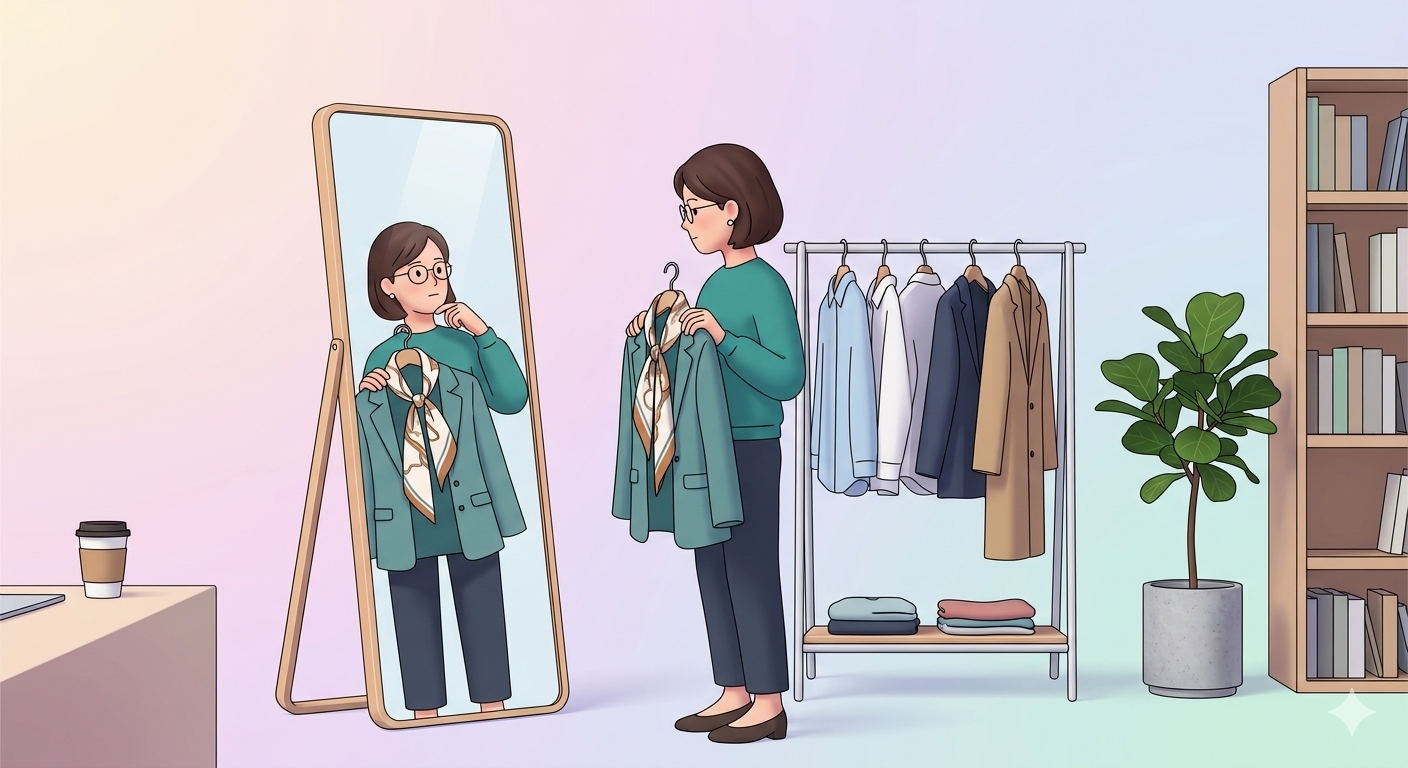 姿見で衣装と身だしなみを確認する様子